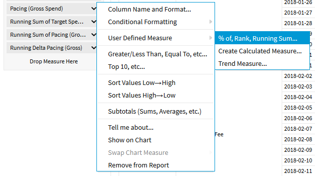 Measures options with User Defined Measures submenu, highlighting % of Rank